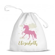 Pink Unicorn White Drawstring Bag