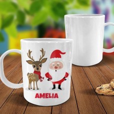 Santa & Reindeer White Plastic Mug