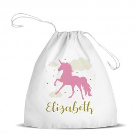Pink Unicorn White Drawstring Bag