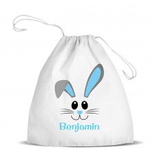 Blue Bunny Face White Drawstring Bag