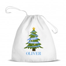 Blue Christmas White Drawstring Bag